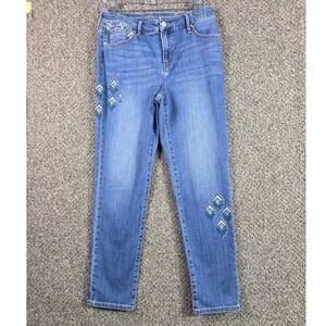 Chico's Girlfriend Jeans Womens 12 Blue Embroidered So Slimming Western Denim